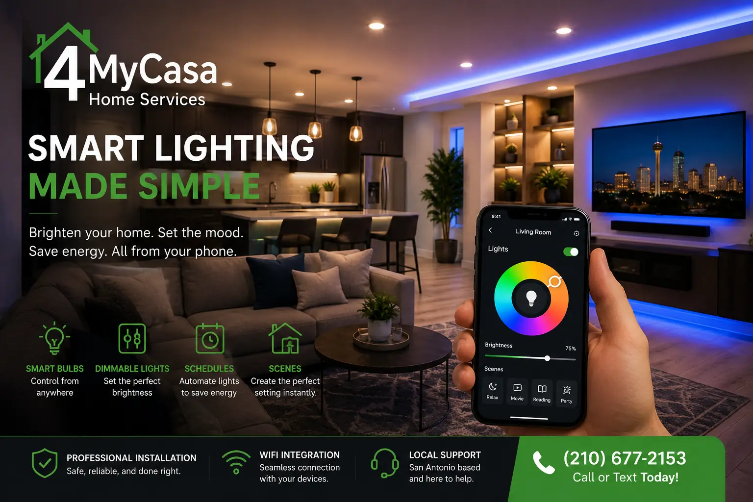 Smart lighting installation and setup in San Antonio by 4MyCasa